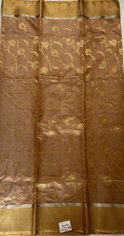 Chanderi Silk Saree Dark Peach Colored Complemented with a Zari Border - Sampradaya Designer Studio