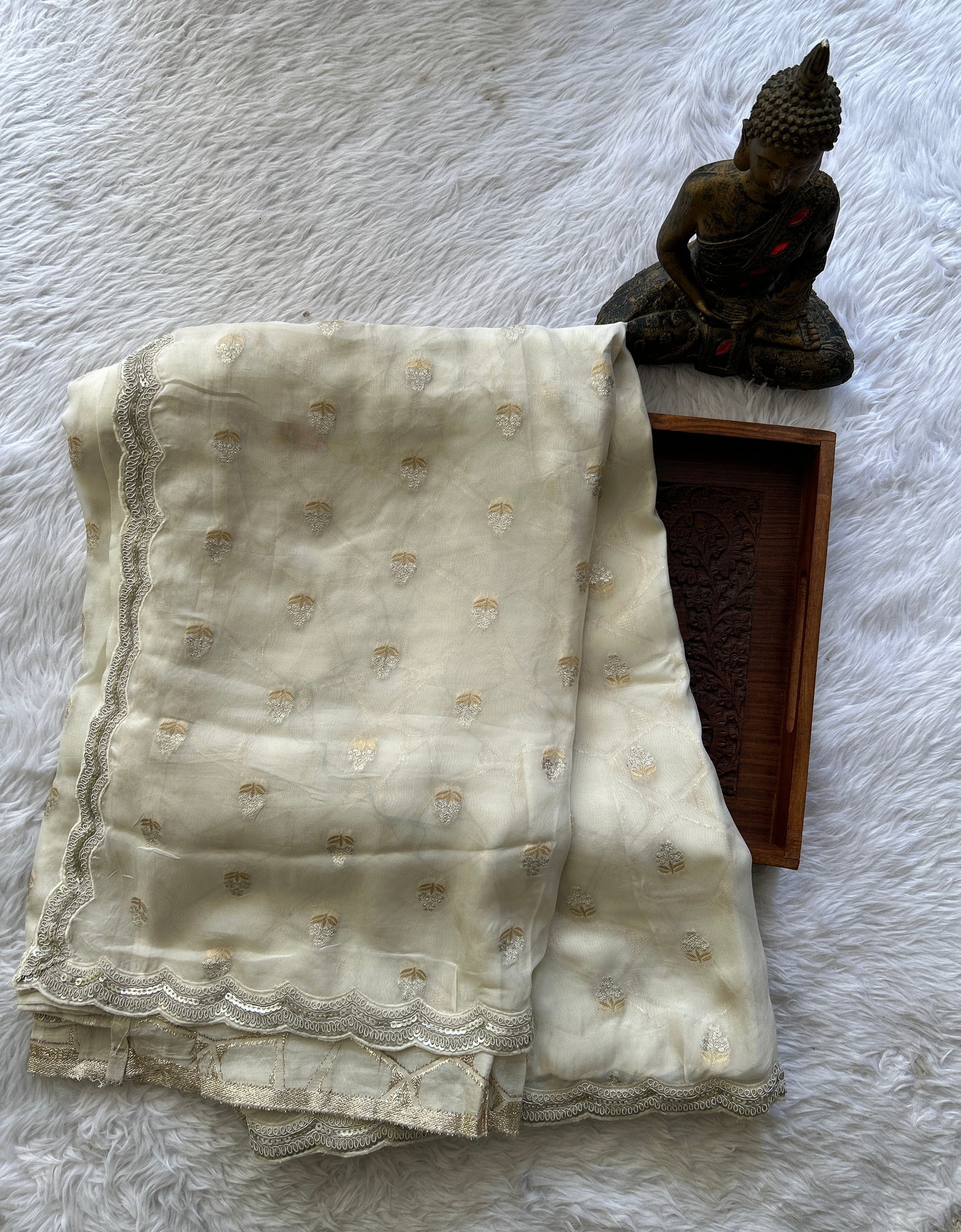 Banarasi Georgette Saree White Colored Complemented with a Lace border. - Sampradaya Designer Studio