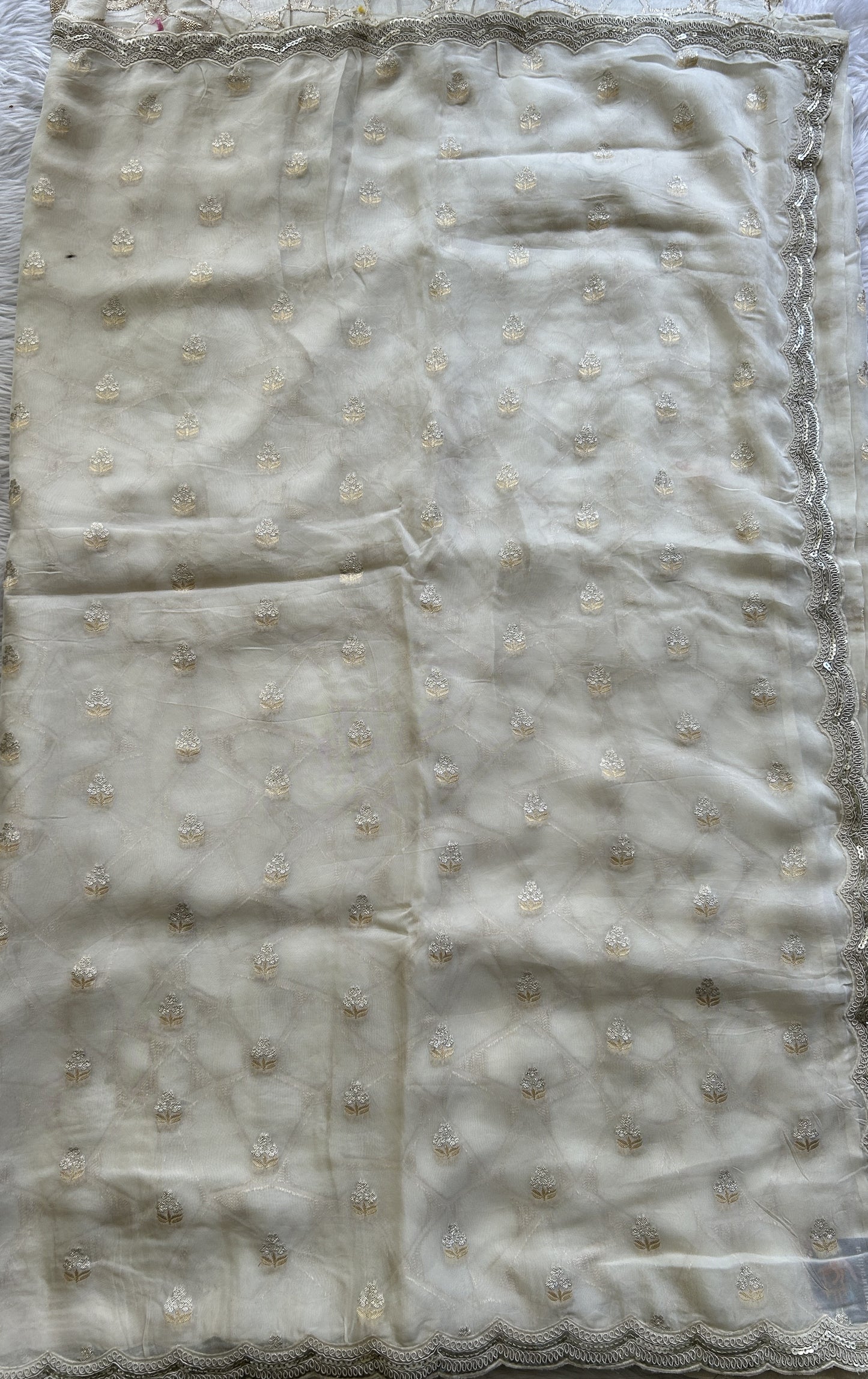 Banarasi Georgette Saree White Colored Complemented with a Lace border. - Sampradaya Designer Studio