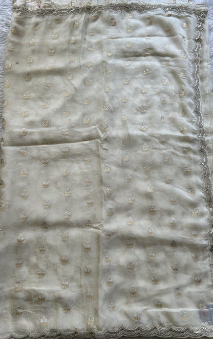 Banarasi Georgette Saree White Colored Complemented with a Lace border. - Sampradaya Designer Studio