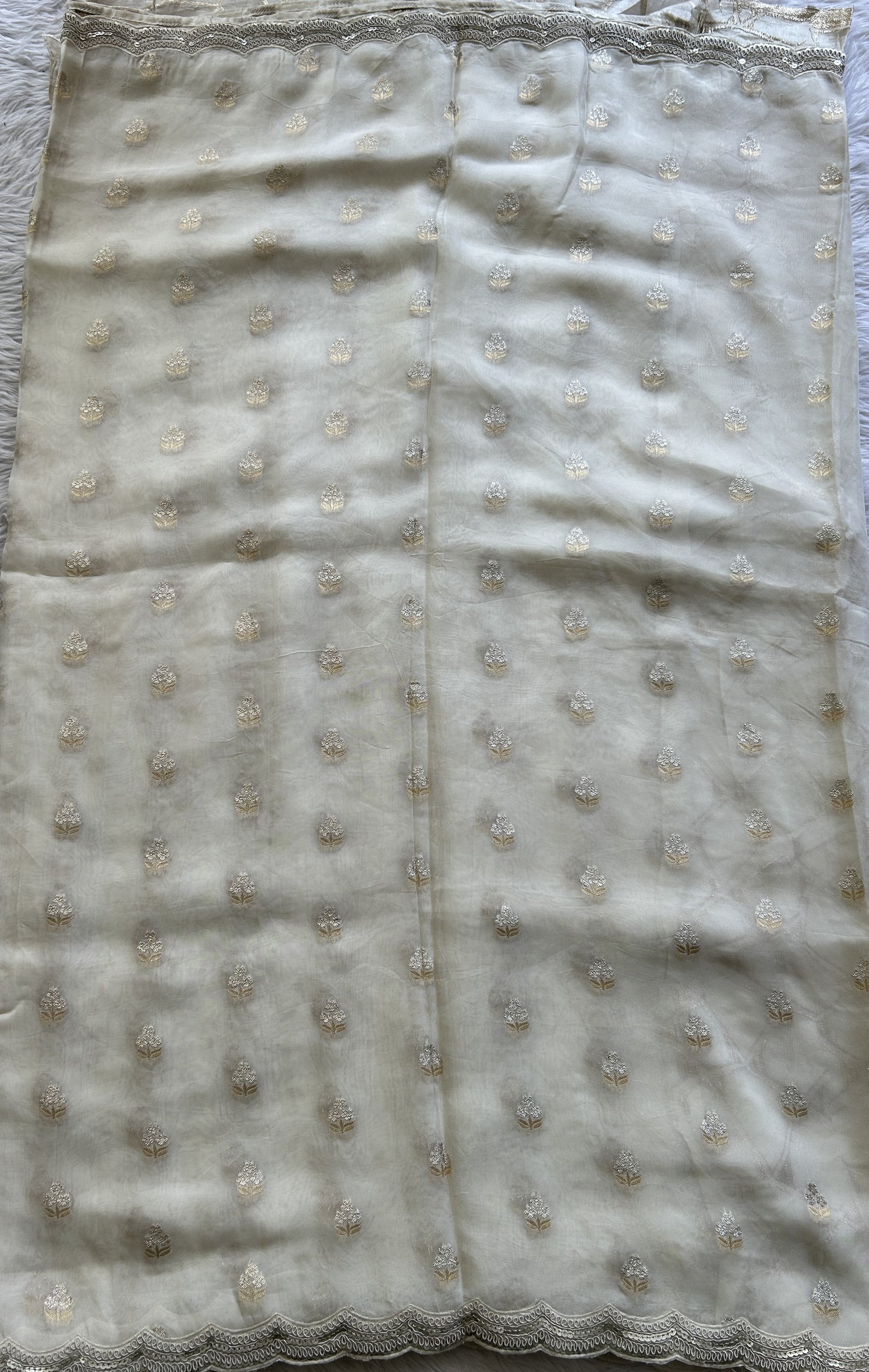 Banarasi Georgette Saree White Colored Complemented with a Lace border. - Sampradaya Designer Studio