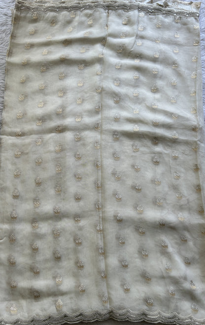 Banarasi Georgette Saree White Colored Complemented with a Lace border. - Sampradaya Designer Studio