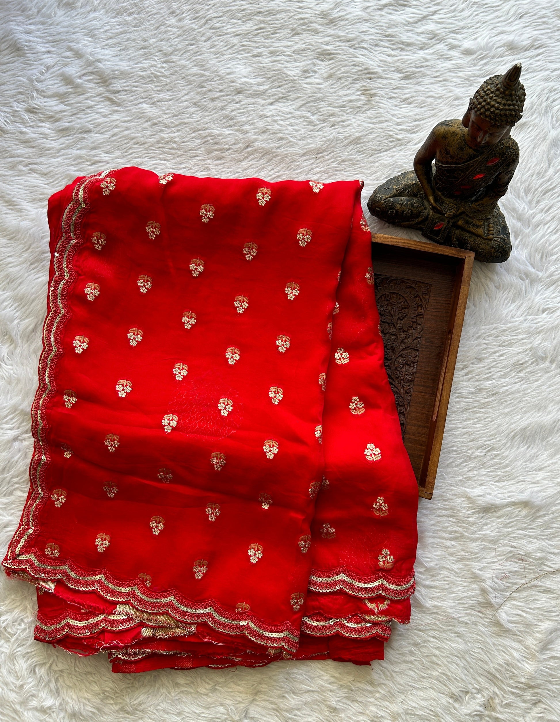 Banarasi Georgette Saree Dark Red Colored Complemented with a Lace border. - Sampradaya Designer Studio