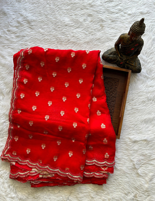 Banarasi Georgette Saree Dark Red Colored Complemented with a Lace border. - Sampradaya Designer Studio
