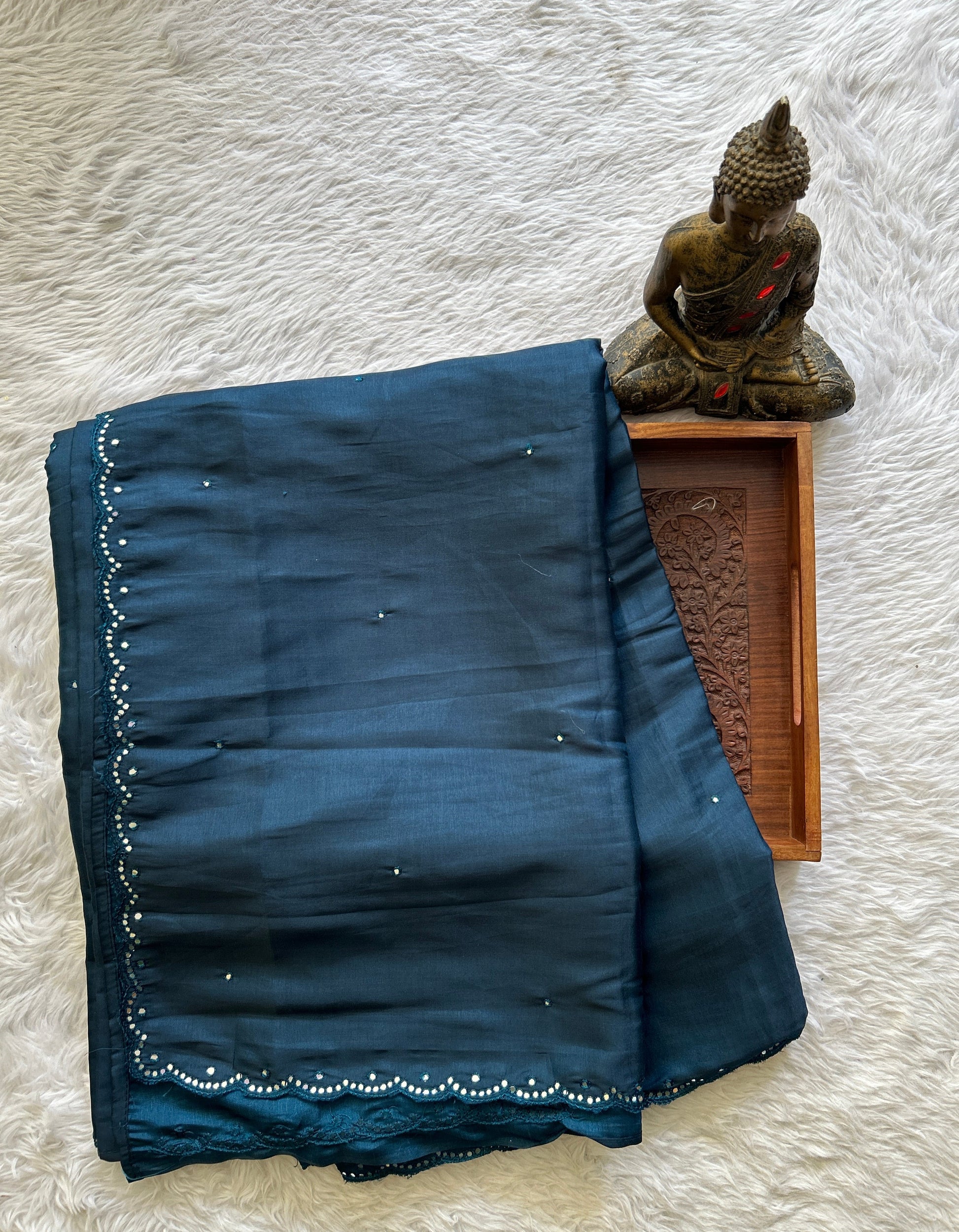 Crepe Silk Saree Party Wear Navy Blue colored complemented with a Mirror Embroidery border. - Sampradaya Designer Studio