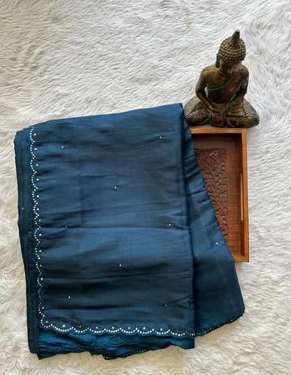 Crepe Silk Saree Party Wear Navy Blue colored complemented with a Mirror Embroidery border. - Sampradaya Designer Studio