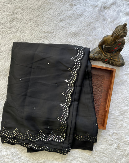 Crepe Silk Saree Party Wear Black colored complemented with a Mirror Embroidery border. - Sampradaya Designer Studio