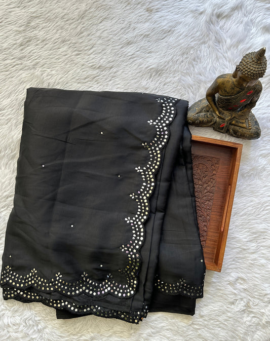 Crepe Silk Saree Party Wear Black colored complemented with a Mirror Embroidery border. - Sampradaya Designer Studio