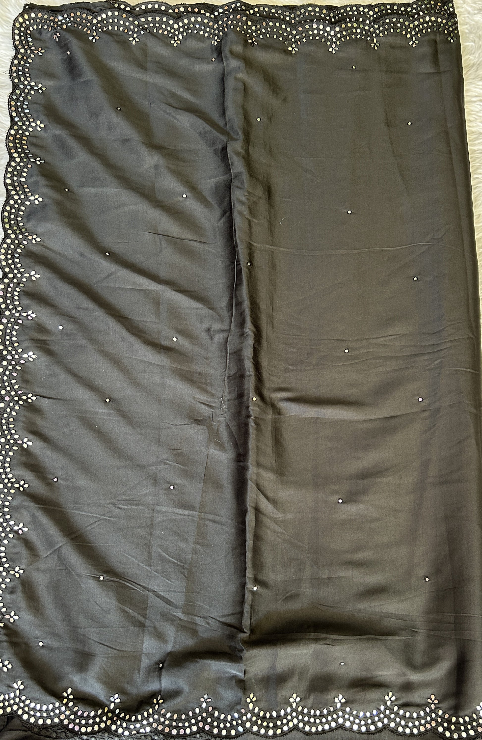 Crepe Silk Saree Party Wear Black colored complemented with a Mirror Embroidery border. - Sampradaya Designer Studio