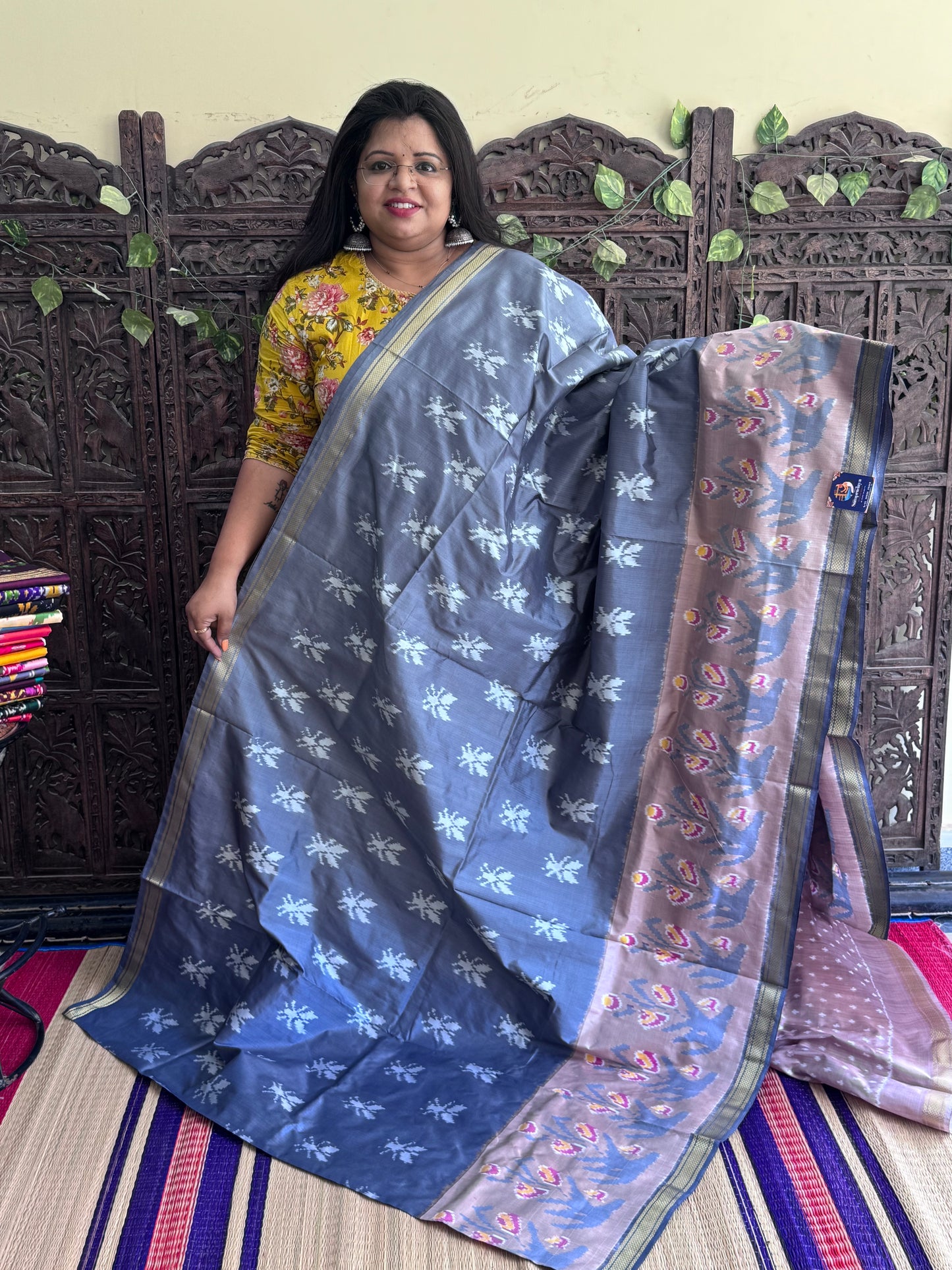 Gray Pochampally Ikkat Silk Saree with Zari Border | Pure Handloom, Silk Mark Certified