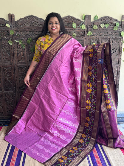 Lavender Pochampally Ikkat Silk Saree with Zari Border | Pure Handloom, Silk Mark Certified