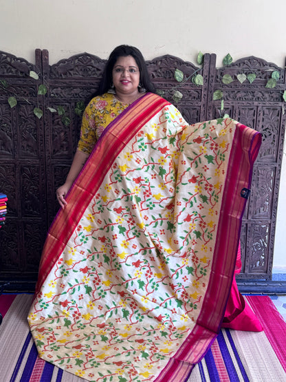 Beige Pochampally Ikkat Silk Saree with Zari Border | Pure Handloom, Silk Mark Certified