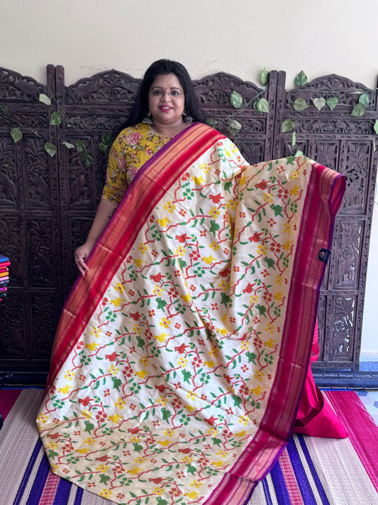 Beige Pochampally Ikkat Silk Saree with Zari Border | Pure Handloom, Silk Mark Certified