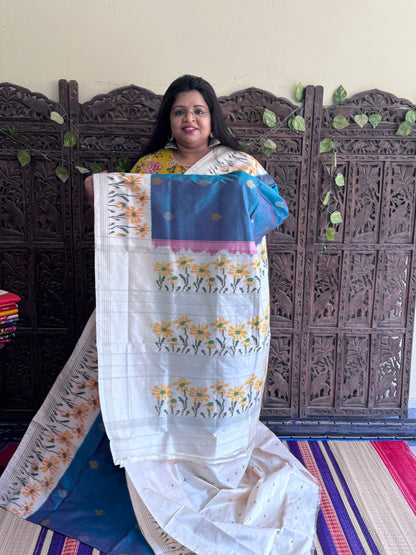 Peacock Blue Pochampally Ikkat Silk Saree with Zari Border | Pure Handloom, Silk Mark Certified