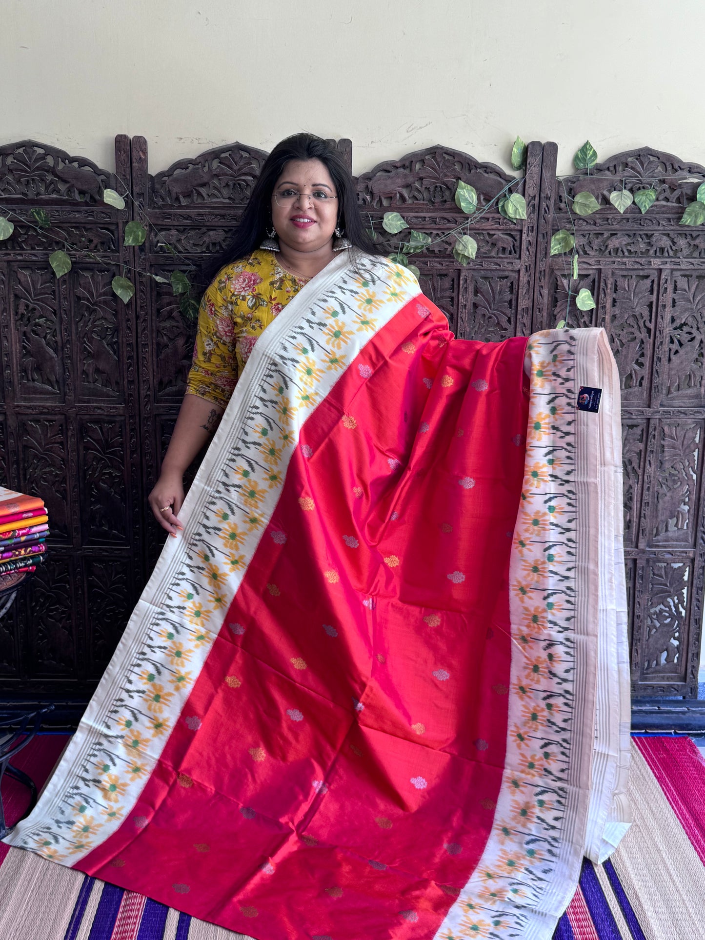 Burnt Orange Pochampally Ikkat Silk Saree with Zari Border | Pure Handloom, Silk Mark Certified