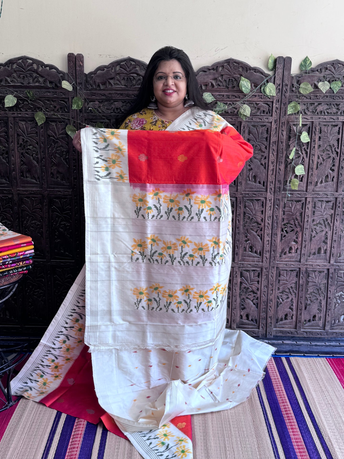 Burnt Orange Pochampally Ikkat Silk Saree with Zari Border | Pure Handloom, Silk Mark Certified