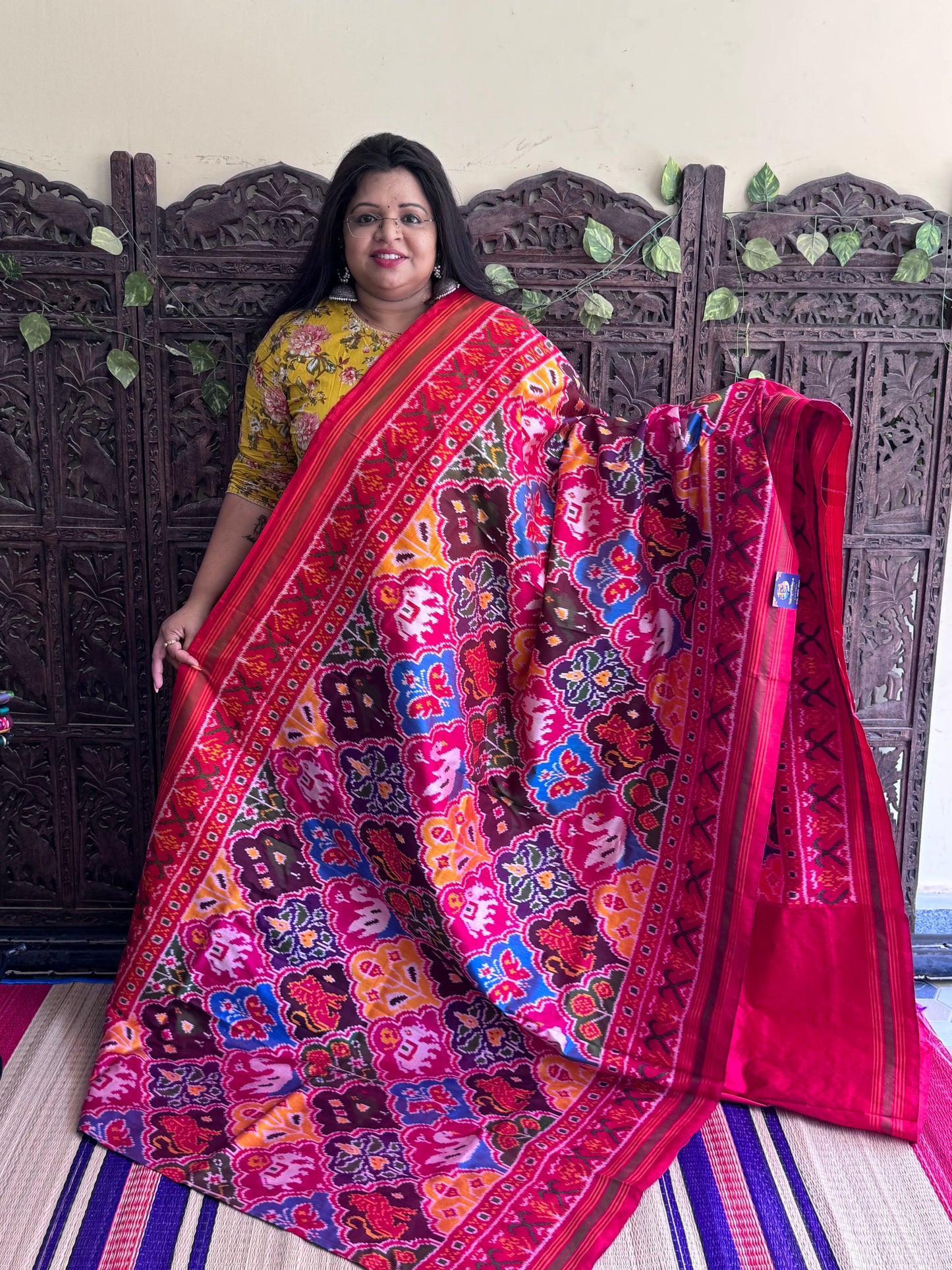 Red Pochampally Ikkat Silk Saree with Striped Border | Pure Handloom, Silk Mark Certified