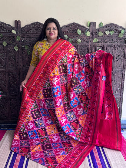 Red Pochampally Ikkat Silk Saree with Striped Border | Pure Handloom, Silk Mark Certified