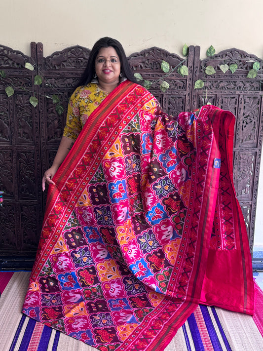 Red Pochampally Ikkat Silk Saree with Striped Border | Pure Handloom, Silk Mark Certified