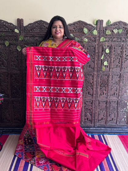 Red Pochampally Ikkat Silk Saree with Striped Border | Pure Handloom, Silk Mark Certified