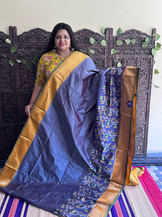 Gray Pochampally Ikkat Silk Saree with Zari Border | Pure Handloom, Silk Mark Certified