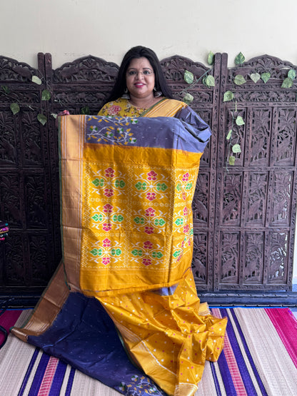 Gray Pochampally Ikkat Silk Saree with Zari Border | Pure Handloom, Silk Mark Certified