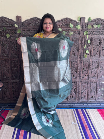 Bottle Green Color Chanderi Silk Saree With Gold Zari Border — Pure Handloom | Silk Mark Certified
