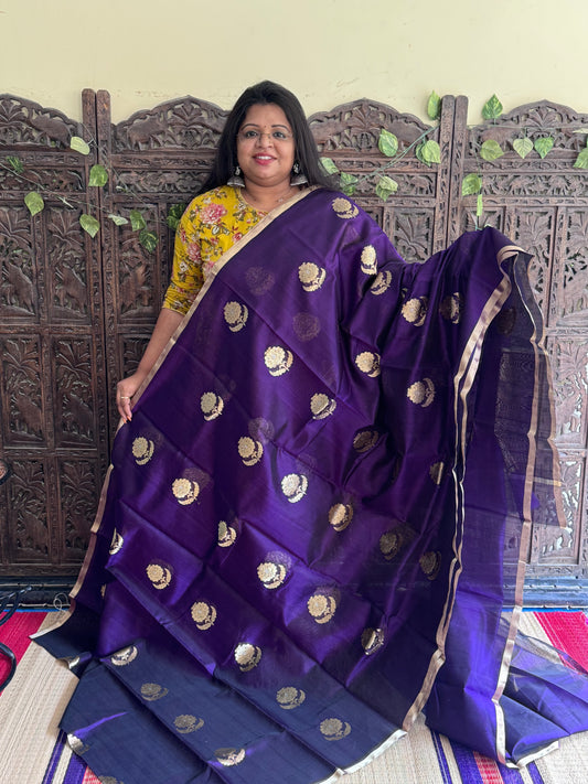 Violet Color Chanderi Silk Saree With Gold Zari Border — Pure Handloom | Silk Mark Certified