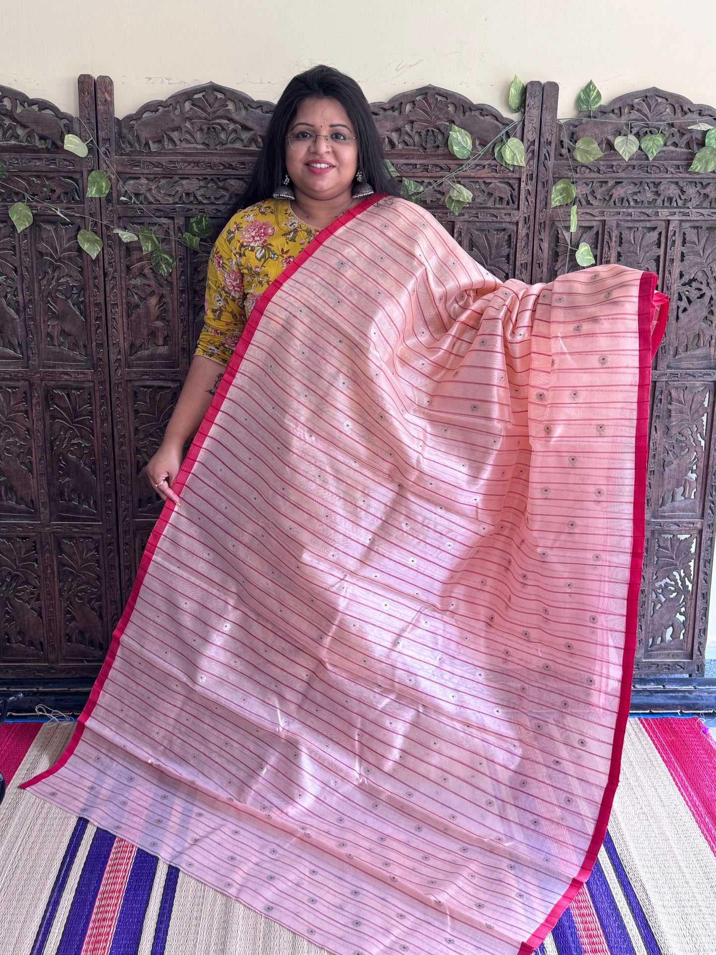 Peach Color Chanderi Silk Saree With Gold Zari Border — Pure Handloom | Silk Mark Certified