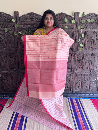 Peach Color Chanderi Silk Saree With Gold Zari Border — Pure Handloom | Silk Mark Certified
