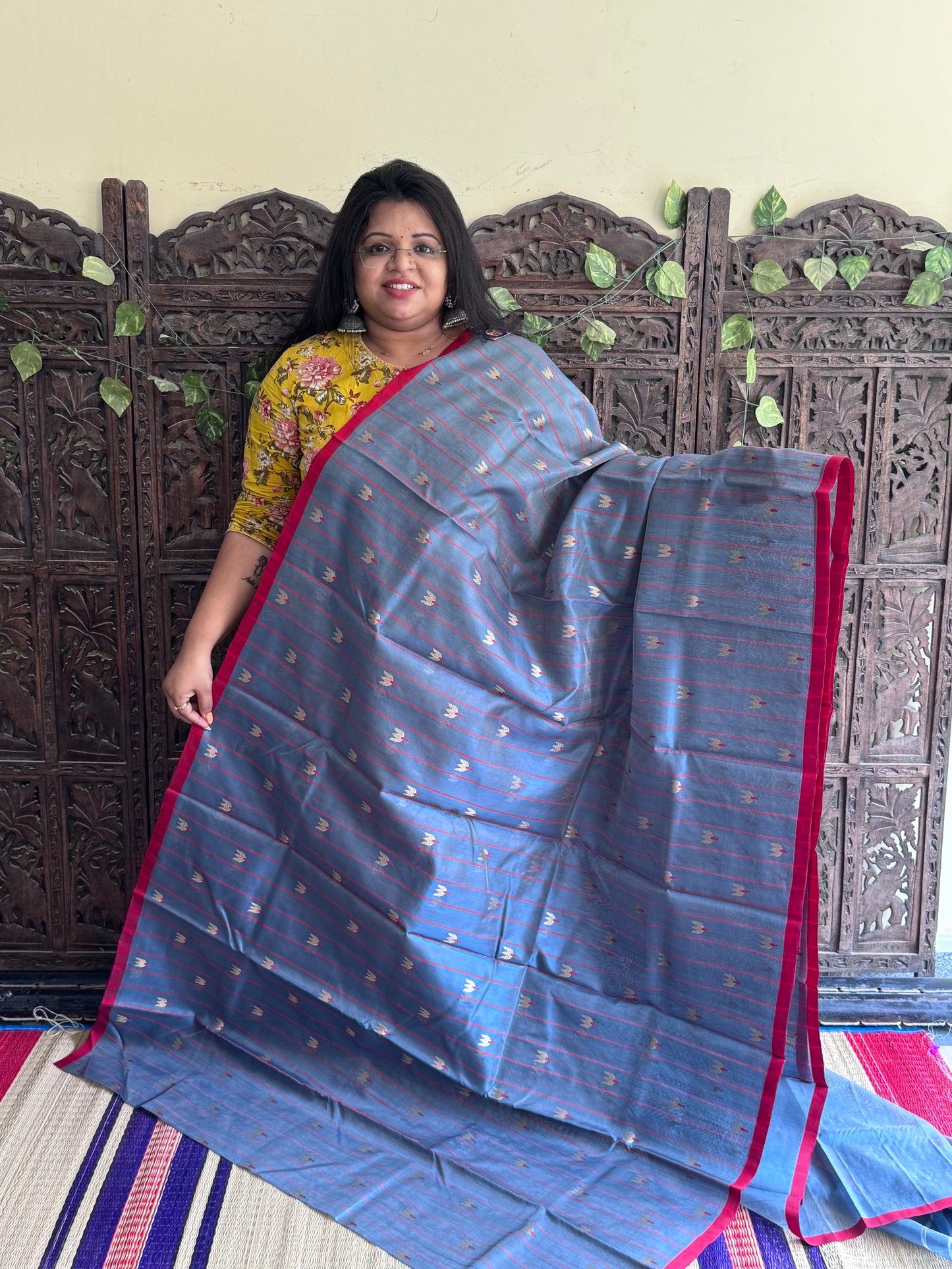 Grayish Blue Color Chanderi Silk Saree With Gold Zari Border — Pure Handloom | Silk Mark Certified