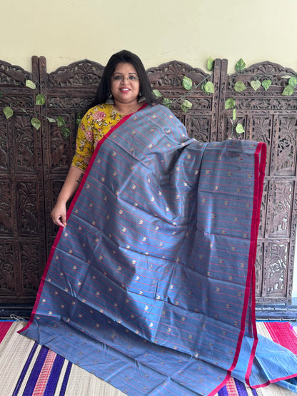Grayish Blue Color Chanderi Silk Saree With Gold Zari Border — Pure Handloom | Silk Mark Certified