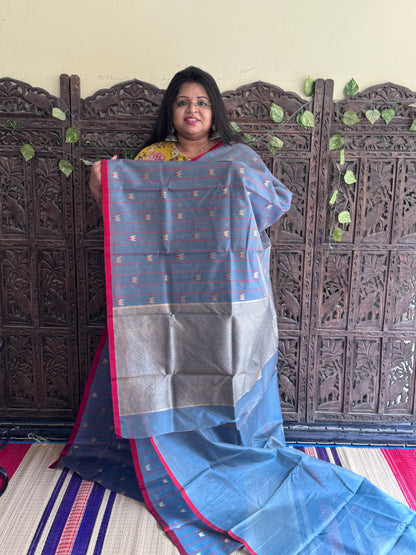 Grayish Blue Color Chanderi Silk Saree With Gold Zari Border — Pure Handloom | Silk Mark Certified