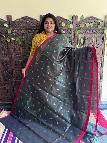 Bottle Green Color Chanderi Silk Saree With Gold Zari Border — Pure Handloom | Silk Mark Certified