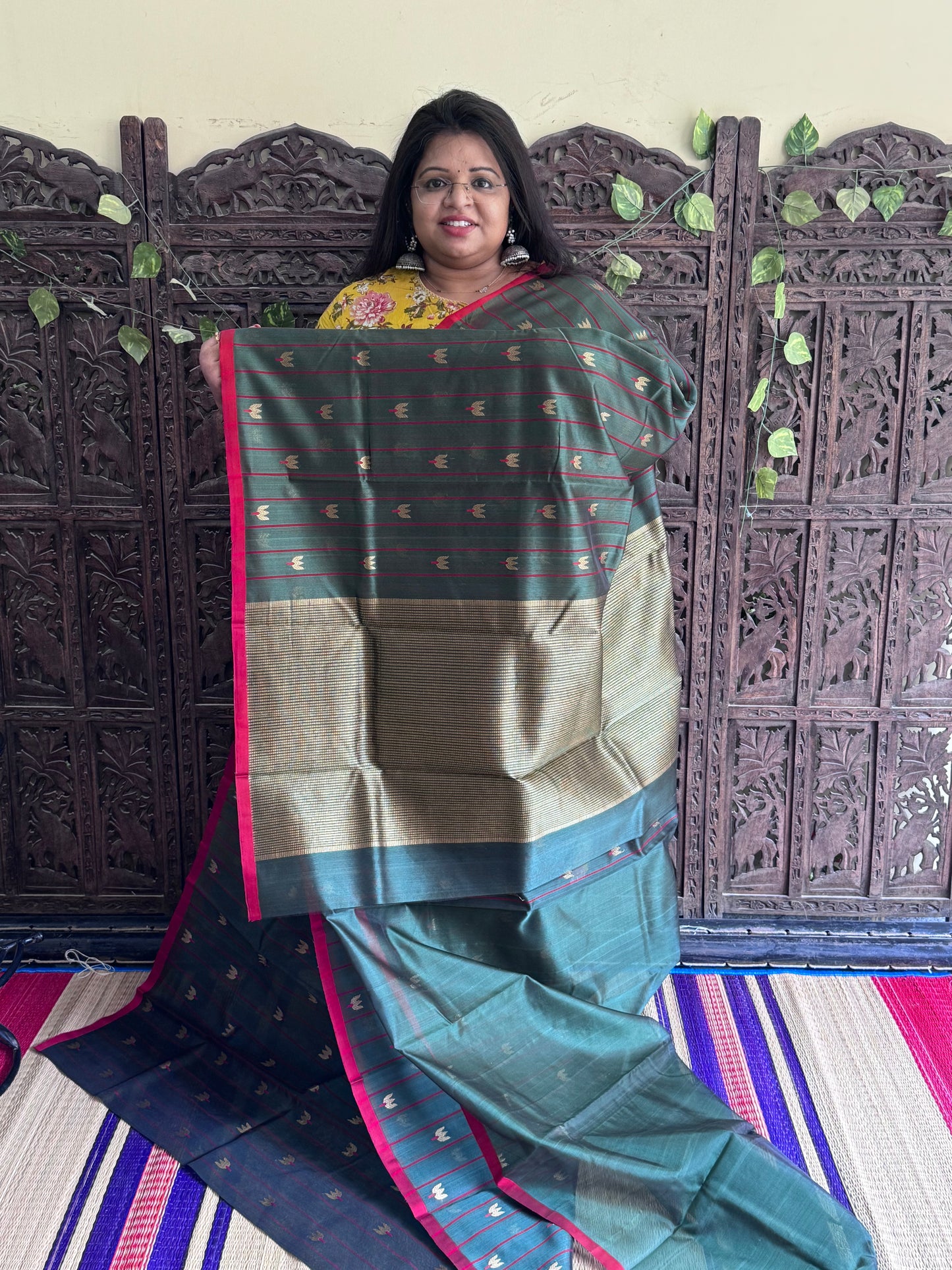 Bottle Green Color Chanderi Silk Saree With Gold Zari Border — Pure Handloom | Silk Mark Certified