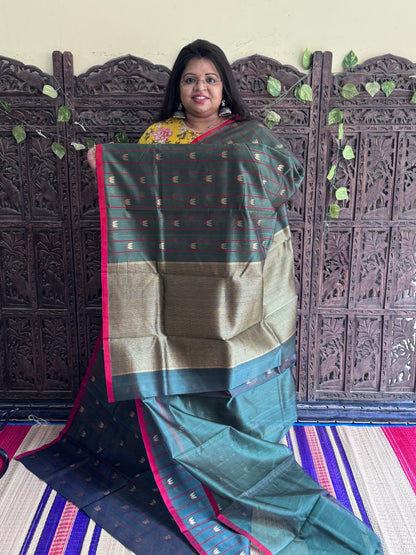Bottle Green Color Chanderi Silk Saree With Gold Zari Border — Pure Handloom | Silk Mark Certified