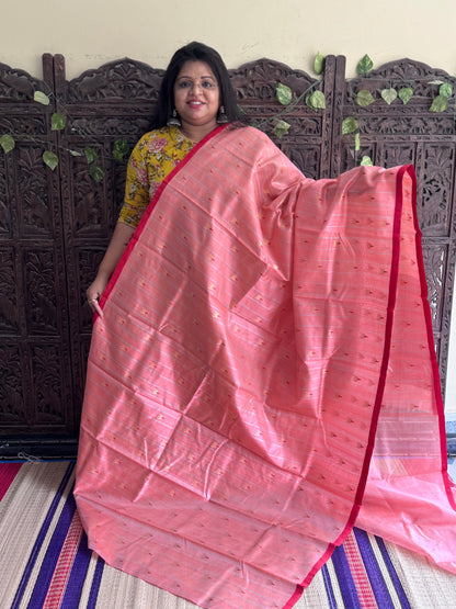 Peach Color Chanderi Silk Saree With Gold Zari Border — Pure Handloom | Silk Mark Certified