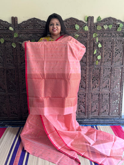 Peach Color Chanderi Silk Saree With Gold Zari Border — Pure Handloom | Silk Mark Certified