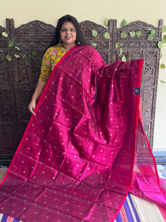 Dark Pink Color Chanderi Silk Saree With Gold Zari Border — Pure Handloom | Silk Mark Certified