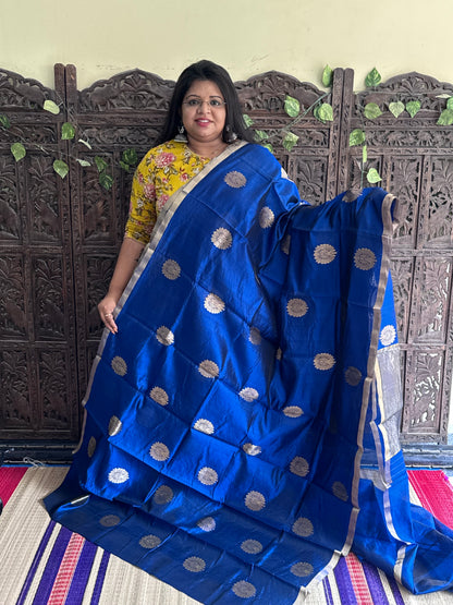 Blue Color Chanderi Silk Saree With Gold Zari Border — Pure Handloom | Silk Mark Certified