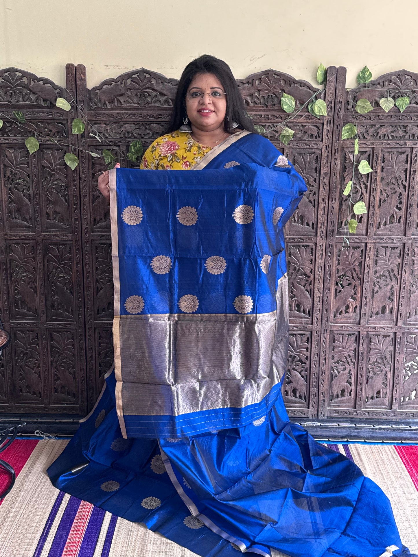 Blue Color Chanderi Silk Saree With Gold Zari Border — Pure Handloom | Silk Mark Certified