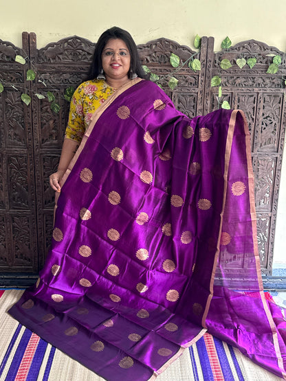 Purple Color Chanderi Silk Saree With Gold Zari Border — Pure Handloom | Silk Mark Certified