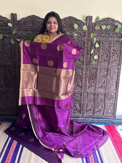 Purple Color Chanderi Silk Saree With Gold Zari Border — Pure Handloom | Silk Mark Certified