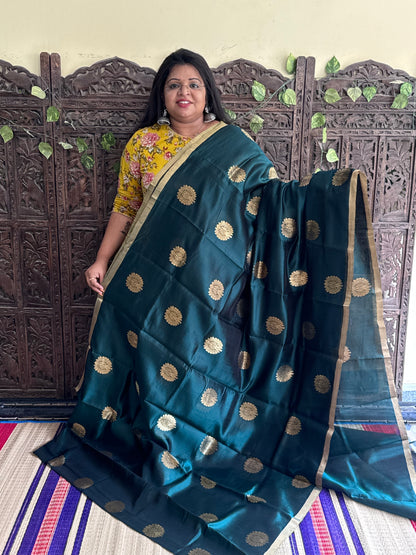 Bottle Green Color Chanderi Silk Saree With Gold Zari Border — Pure Handloom | Silk Mark Certified