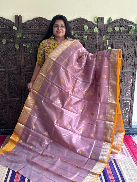Onion Pink Color Chanderi Silk Saree With Gold Zari Border — Pure Handloom | Silk Mark Certified