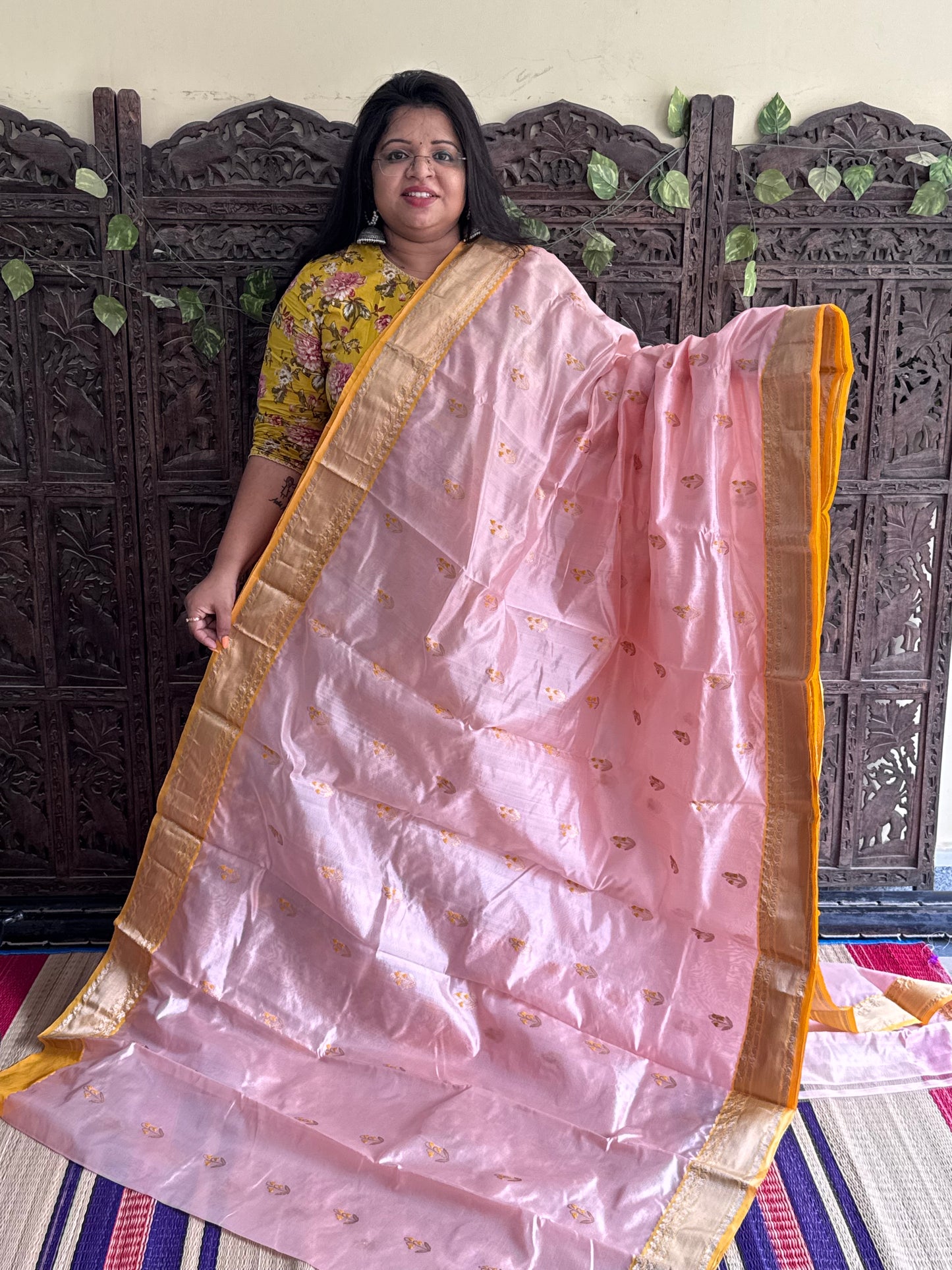 Peach Color Chanderi Silk Saree With Gold Zari Border — Pure Handloom | Silk Mark Certified