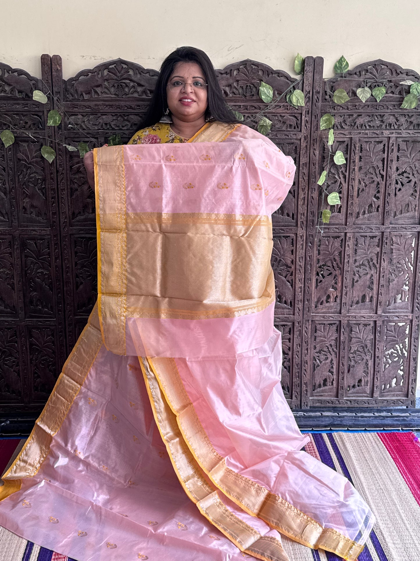 Peach Color Chanderi Silk Saree With Gold Zari Border — Pure Handloom | Silk Mark Certified
