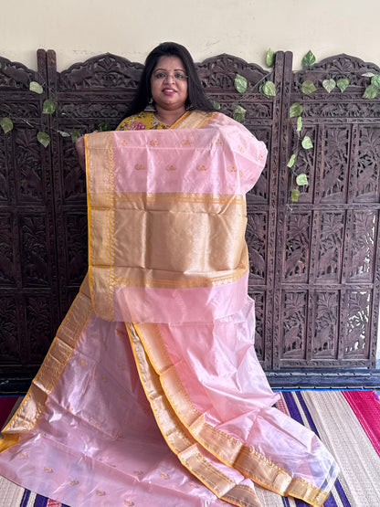 Peach Color Chanderi Silk Saree With Gold Zari Border — Pure Handloom | Silk Mark Certified