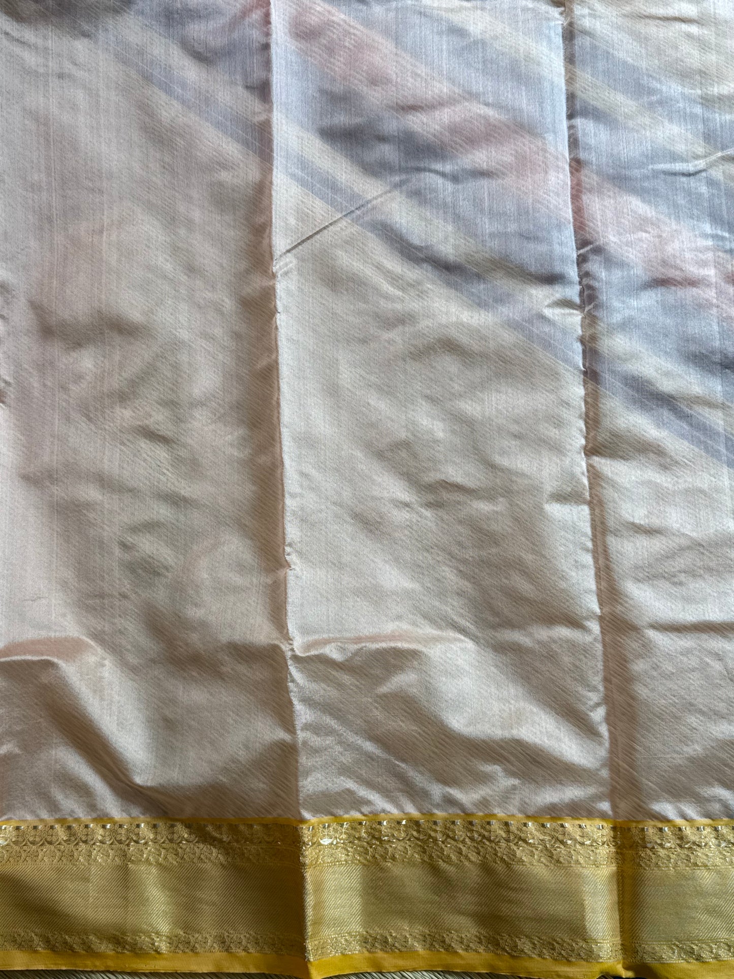 Peach Color Chanderi Silk Saree With Gold Zari Border — Pure Handloom | Silk Mark Certified