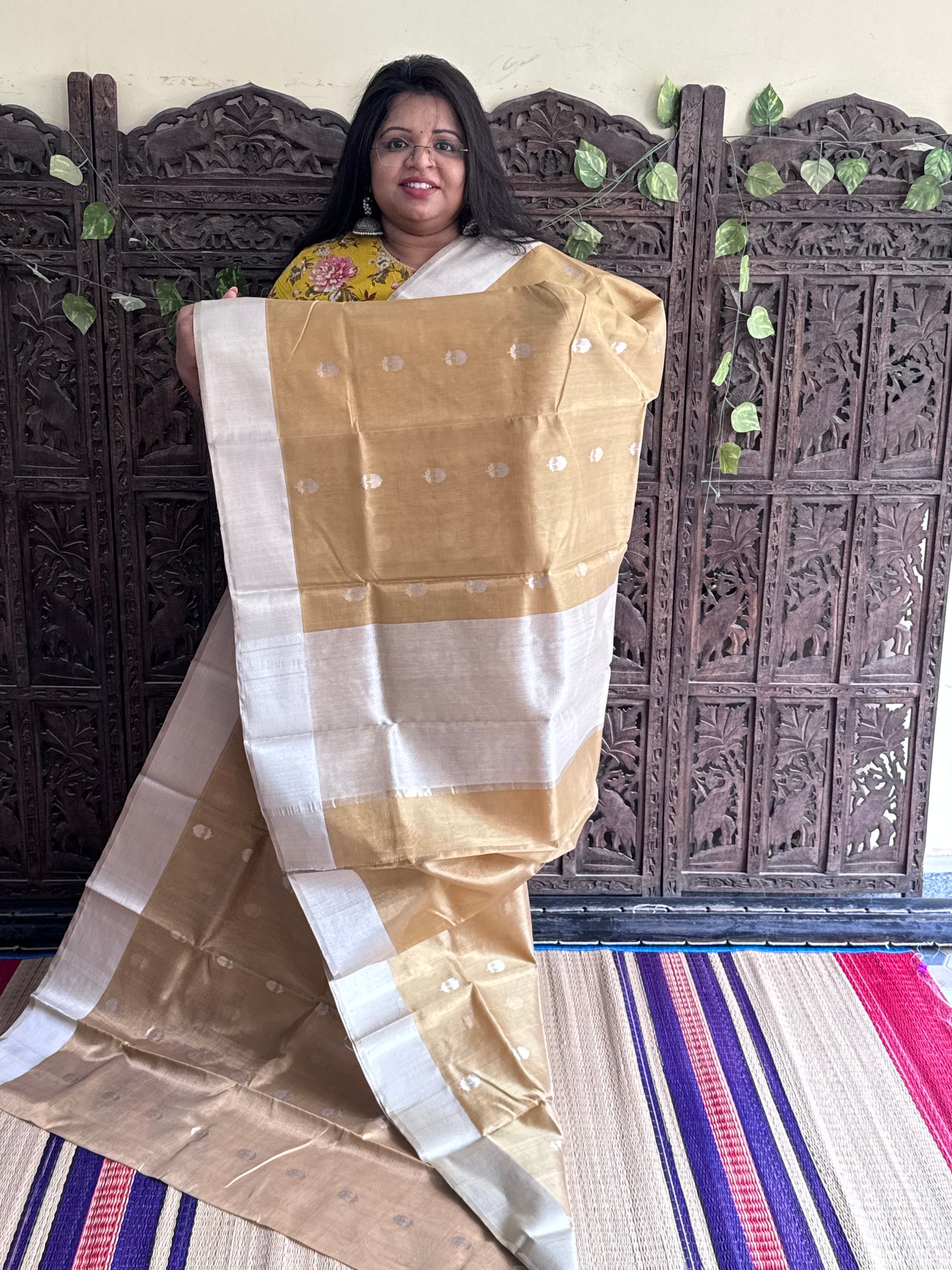 Gold Color Chanderi Silk Saree With Gold Zari Border — Pure Handloom | Silk Mark Certified